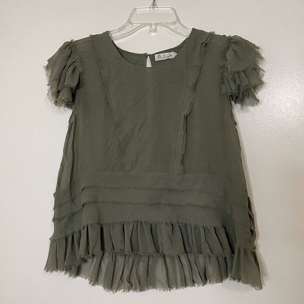 Love Shack Fancy green chiffon tiered silk short sleeve blouse top 2XS